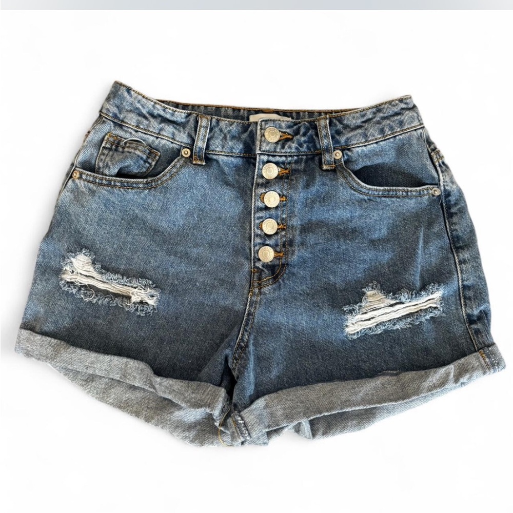 Distressed Denim Shorts with Button Fly